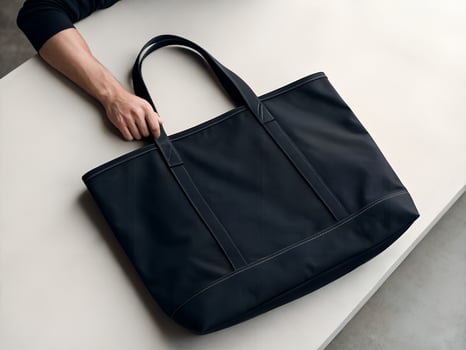 Man's Hand Holding a Black Canvas Tote Bag on a Grey Table photo