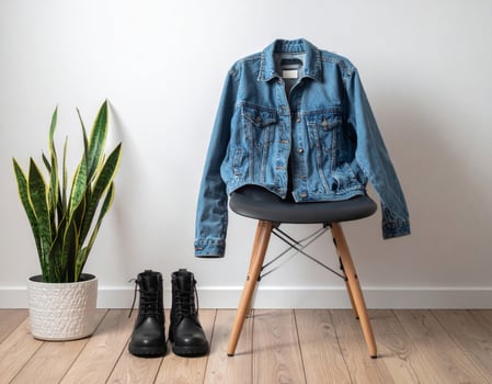 Blue Denim Jacket Drape on Wooden Stool with Black Boots and Sansevieria Plant photo