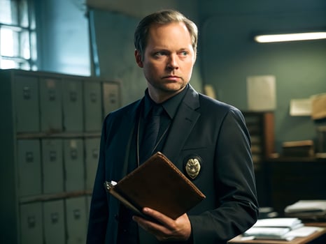 Serious Male Detective in a Dark Office Holding a Notebook photo