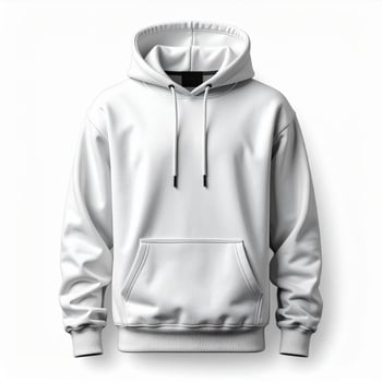 White Pullover Hoodie with Drawstrings and a Front Pocket on a Plain Background photo