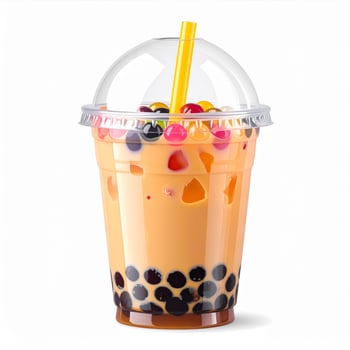 Refreshing Bubble Tea with Tapioca Pearls and Colorful Toppings on White Backdrop photo