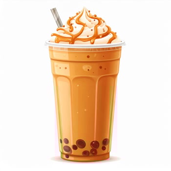 Iced Brown Boba Tea with Caramel Drizzle and Frothy Cream in Clear Cup on White photo