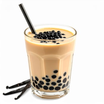 Glass of Boba Tea with Black Tapioca Pearls and a Black Straw on White Background photo