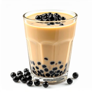 Refreshing Boba Tea with Tapioca Pearls in Glass on a White Background photo