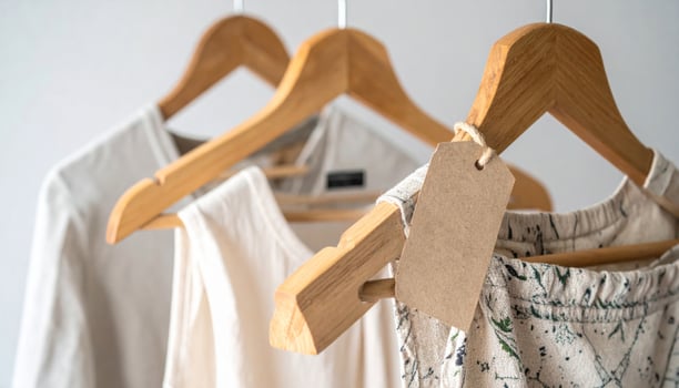 Clothes on Wooden Hangers with Blank Tag in Soft Lighting for Fashion Retail photo