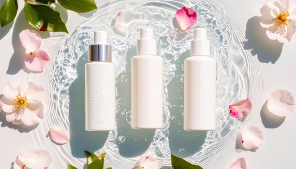 Cosmetic Products with Flowers in Refreshing Water a Natural Beauty Concept photo