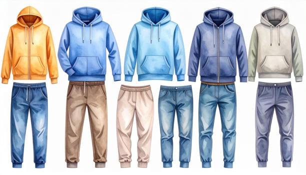 Isolated Array of Pixelated Hoodies and Pants in Various Colors on White Background photo