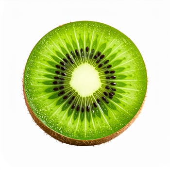 Close Up Green Kiwi Slice with Black Seeds and White Center on White Backdrop photo
