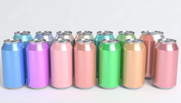 Assorted Aluminum Cans in Pastel Colors Displayed on a Plain White Background photo