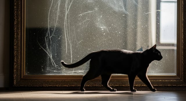 A black cat walking in front of a mirror photo