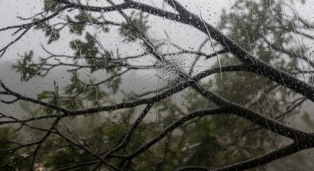 A tree with rain on it and a view of the sky photo