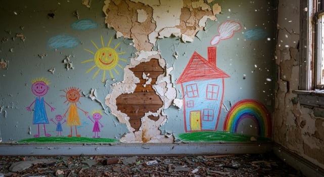 A room with a painted wall and a rainbow photo