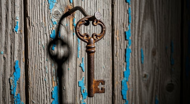 An old key hanging on a wooden door photo