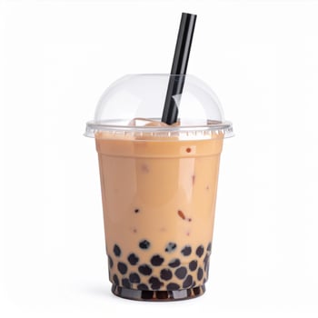 Close Up Boba Tea with Tapioca Pearls and Black Straw on White Backdrop Studio Shot photo
