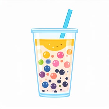 Pixelated Boba Tea Illustration with Colorful Tapioca Pearls in Plastic Cup with Blue Straw photo