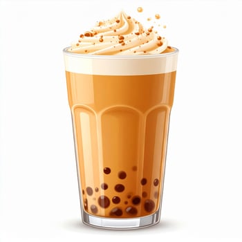 Iced Boba Milk Tea with Whipped Cream Topping in a Clear Glass Cup photo