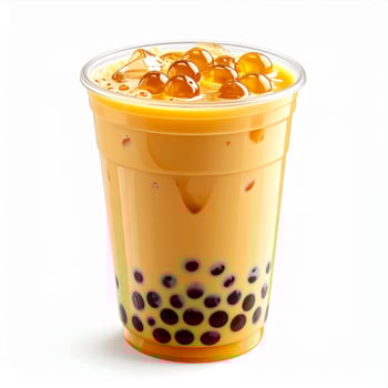 Refreshing Iced Bubble Tea in Clear Plastic Cup with Tapioca Pearls on White photo
