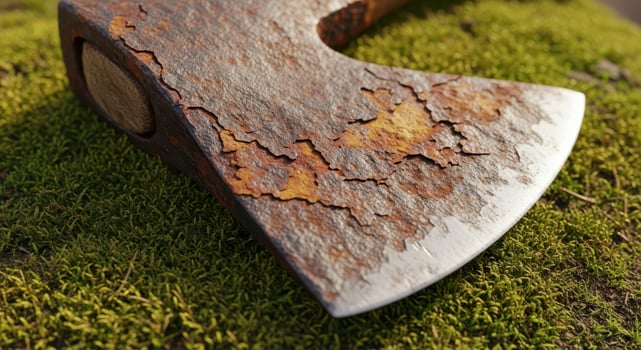 A rusty axe sitting on top of some moss photo