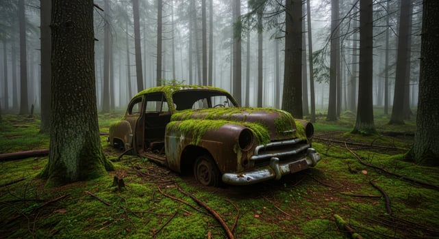 An old, mosscovered car sits abandoned in a foggy forest photo