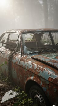 A rusty, abandoned car sits in a foggy, overgrown forest photo