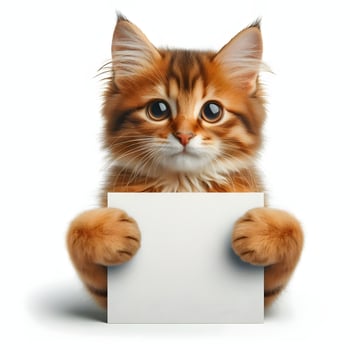 Fluffy Kitten Holding a Blank Sign with Paws on White Backdrop photo