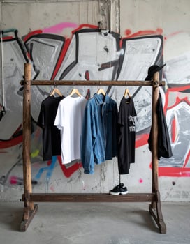 Wooden Clothing Rack with Casual Apparel Against Graffiti Concrete Wall photo