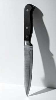 Metallic Kitchen Knife with Serrated Edge and Black Handle on White Background photo