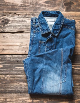 Folded Blue Denim Shirt Displayed on Distressed Brown Wooden Surface Top View photo