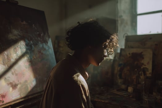 Creative artist working in a sunlit studio surrounded by canvases and tools during the golden hour photo