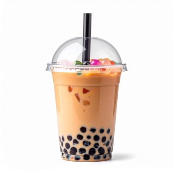 Refreshing Boba Tea with Tapioca Pearls in a Clear Plastic Cup on White photo
