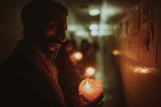 Candlelight gathering in a dimly lit hallway during a solemn evening vigil for reflection and remembrance photo