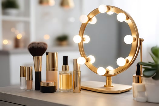 Makeup mirror with led lights and cosmetics on dressing table photo