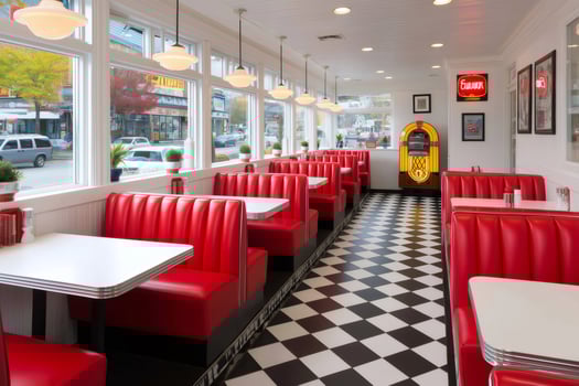 Classic american diner interior showing red booths and checkered floor photo