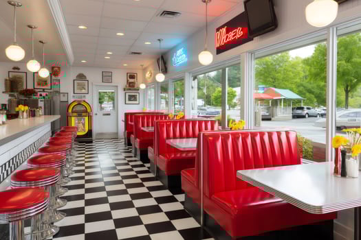 Classic american diner interior with red booths and checkered floor photo