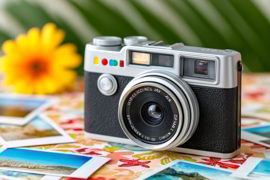 Retro style camera displayed on table with scattered instant photos, evoking nostalgia and memories photo