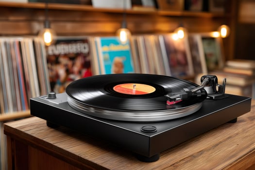 Modern turntable playing vinyl record in a cozy room with vinyl collection in background photo