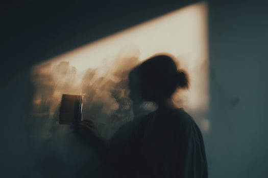 Artist at work on a textured wall during golden hour light in a cozy indoor space photo