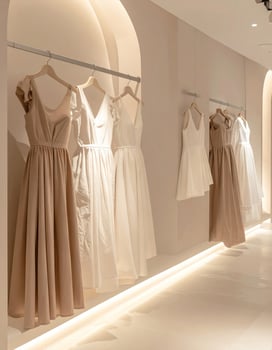 Elegant Dresses on Rack at Boutique with Soft Lighting in Neutral Tone Interior photo