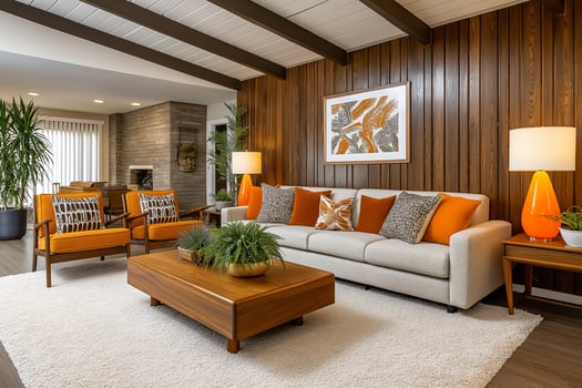 Mid century modern living room showcasing orange accents and wood paneling photo