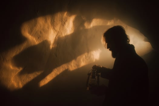 Exploration of a mysterious cave at night with lantern illuminating shadows and silhouettes photo
