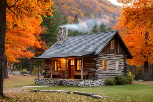 Cozy log cabin nestled in vibrant autumn woods at sunset.. photo