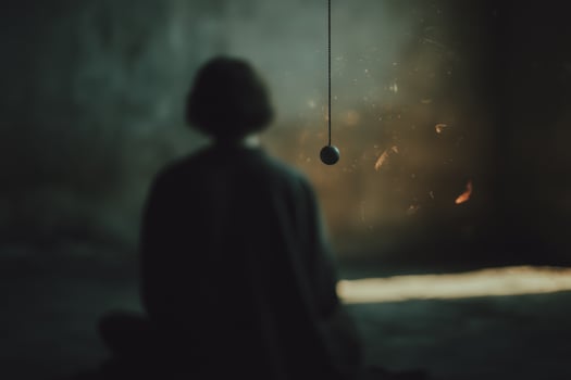 Meditative figure in a dimly lit room with a pendulum swaying softly in the background photo