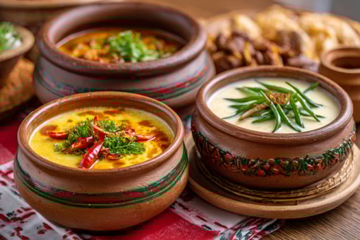 Romanian traditional food with polenta, fish soup and zacusca, served in ceramic bowls photo