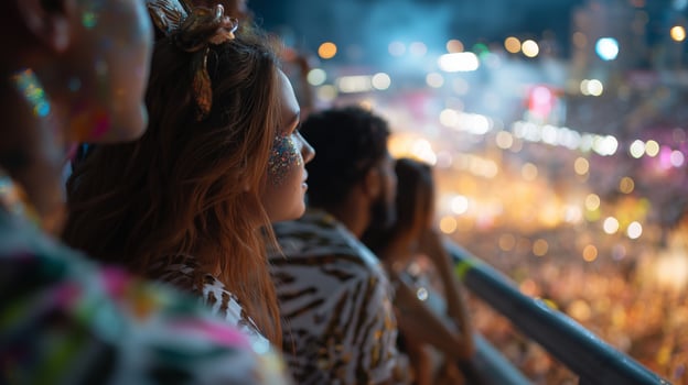Friends enjoying a vibrant festival night with colorful lights and energetic crowd in the background during a summer celebration photo