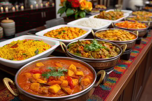 Buffet table displaying delicious indian cuisine in serving dishes photo