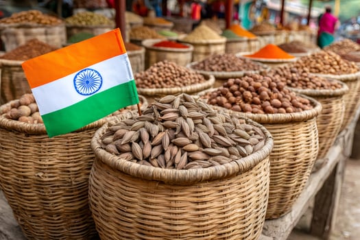 Indian flag standing among baskets of spices at market stall photo