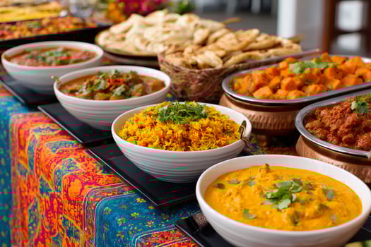 Buffet table displaying delicious indian cuisine with naan bread, biryani rice, and curry dishes photo