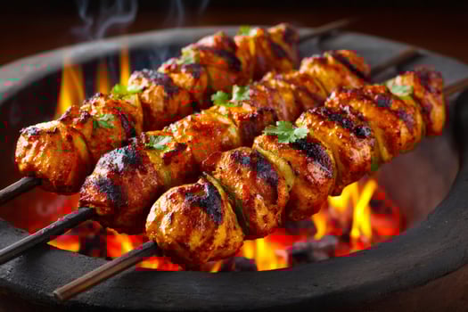 Delicious chicken tikka kebabs grilling on barbecue with flames photo