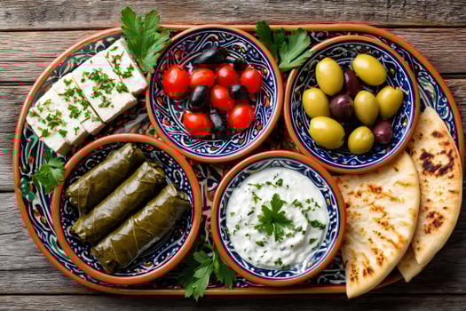 Mediterranean mezze platter with stuffed grape leaves, feta, olives, tzatziki and pita bread photo
