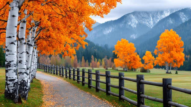 Vibrant orange foliage illuminating a serene autumn landscape with wooden fence photo